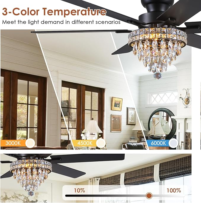 Asyko Chandelier Ceiling Fan -52" Crystal Ceiling Fan- Fandelier Fan Light Black with Remote, Silent Reversible Motor, Dual-Sided 6 Blades, 3 Speed, Timer, Indoor Fan Ceiling