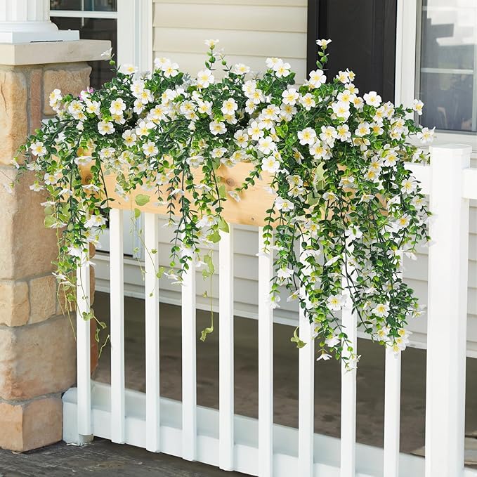 RECUTMS Artificial Flowers for Outdoors Fake Hanging Flowers Plants 4 Pcs UV Resistant Silk Daisy Flower Realistic Faux Trailing Vine for Wall Yard Porch Balcony Indoor Outdoor Planters (White)