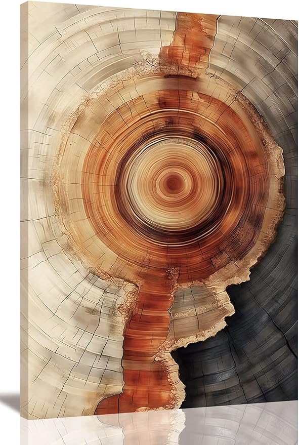 IBHJSART Framed Tree Ring Canvas Wall Art Vintage Colorful Wood Stump Painting Prints Modern Minimalist Pictures Neutral Nature Rustic Farmhouse Decor Living Room Bedroom Bathroom Office