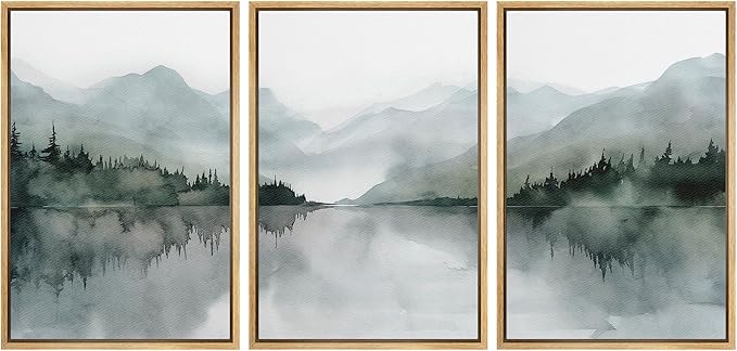 MUDECOR Framed Wall Art Print Set Misty Mountain Lake Watercolor Serene Illustrations Modern Art Boho Decorative Colorful Chic for Living Room, Bedroom, Office - 24"x36"x3 Natural
