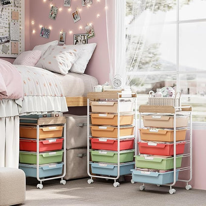 Rolling Storage Utility Cart with 6 Drawers,Art Supply Craft Organizer,Sewing Makeup Organizer and Storage,Office Organization Wooden Tabletop,Rainbow