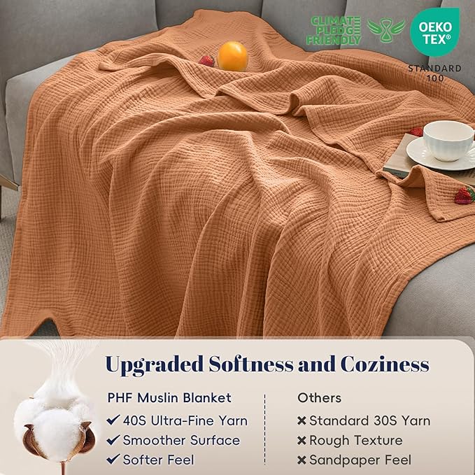 PHF 100% Cotton Muslin Throw Blanket 50" x 60", 4-Layer Lightweight Gauze Throw, Breathable Cloud-Soft Minimalist Blanket for Bed, Couch, Camping & Baby, Caramel, Ideal Gift