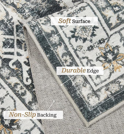 zesthome 5x7 Area Rugs, Machine Washable Rugs for Living Room, Bedroom,Stain Resistant Vintage Large Area Rug,Non-Slip Medallion Pattern Home Decor Rugs (Black,5'x7')