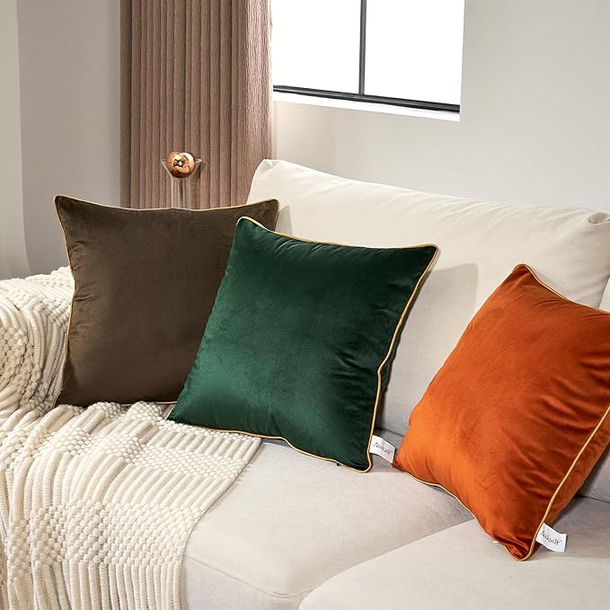 Aeckself Pack of 2 Green Velvet Pillow Covers 20 x 20 Inch, Modern Luxury Decorative Pillowcase with Gold Trim Edge, Comfortable Soft Solid Cushion Case for Couch Bedroom Living Room