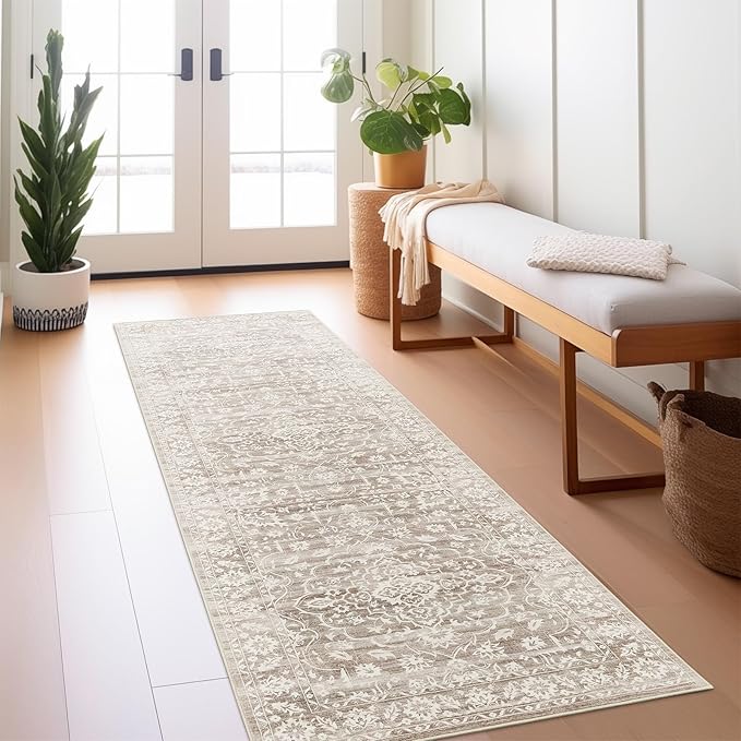 Washable Runner Rug, 2.5'x8' Vintage Kitchen Runners Non-Slip Foldable Hallway Runner Rug for Entryway, Laundry, Bedroom, Light Brown