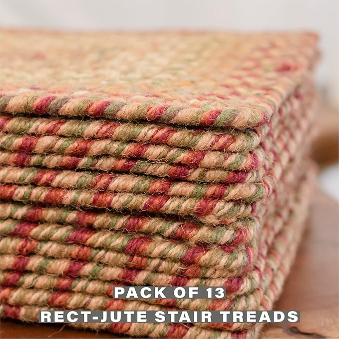 Homespice Harvest Jute Braided Stair Tread, Warm Country Decor, Set of 13, Multicolor 8x28 Rectangle Rugs for Stairs - Easy to Clean, Tightly Stitched and Durable