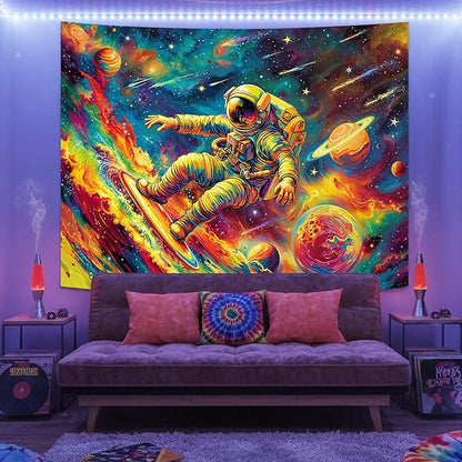 Haibimen Blacklight Astronaut Tapestry Wall Hanging Space Galaxy Travel Funny Surfering Tapestries for Bedroom Colorful Aesthetic Cool Wall Art for Guys Gamer Room Dorm Living Room (surf, 60''×44'')