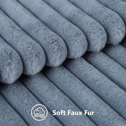decorUhome Faux Fur Spring Throw Pillow Covers 16x16 Set of 2, Decorative Soft Plush Striped Neutral Couch Pillow Covers with Velvet Back for Sofa, Bed, Living Room Home, Grey Blue