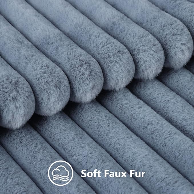 decorUhome Faux Fur Spring Throw Pillow Covers 22x22 Set of 2, Decorative Soft Plush Striped Neutral Couch Euro Sham Pillow Covers with Velvet Back for Sofa, Bed, Living Room Home, Grey Blue