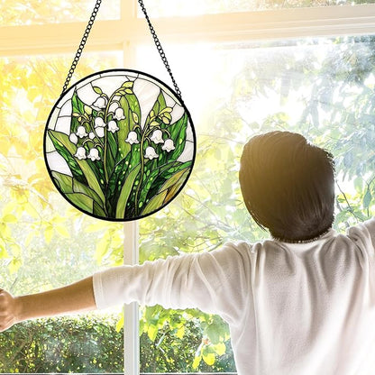 Stained Glass Window Hanging, Lily of The Valley Flower Sun Catchers Colorful Glass Panel Green Plants Suncatcher Decor for Birthday for Women, Men,Wife, Lovers, and Mom 9.8 in