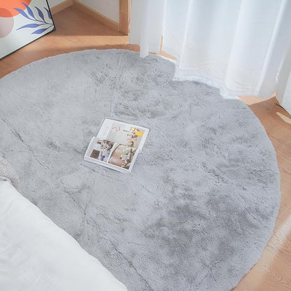 Washable Furry 5ft Round Area Rugs for Living Room Bedroom Light Grey Circle Faux Rabbit Shaggy Fur Rug Teen Room Décor