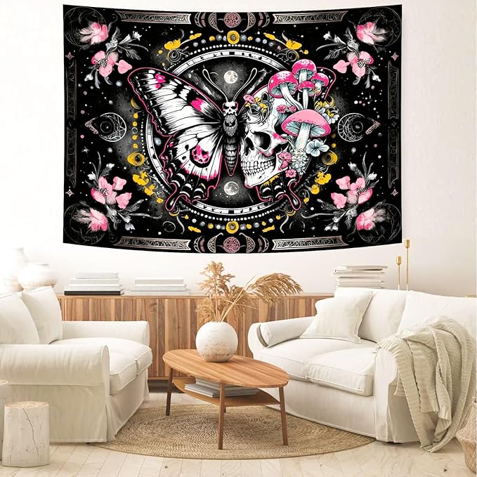 Delur Skeleton Butterfly Tapestry Pink Goth Skull Hippie Mushroom Plants Floral Boho Tapestry Fantasy Abstract Moon Phase Flower Wall Hanging Headboard for Bedroom Living Room Home Decor (59.1" x 78.7")