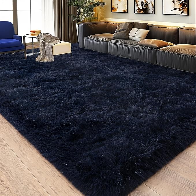 Ultra Fluffy Area Rugs for Living Room Bedroom, 6x9 Fuzzy Large Living Room Rugs, Thick Shag Rug for Dorm, Soft Non Slip Kids Girls Boys Rug for Home Decor Aesthetic, Dark Blue
