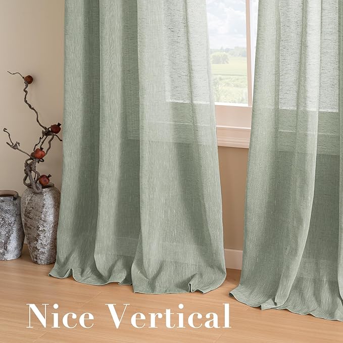 H.VERSAILTEX Linen Curtains Natural Linen Blended Curtain Panels for Living Room/Light Reducing Linen Semi Sheer Curtains 84 inch Length 2 Panels Set Nickel Grommet Window Panels, Sage
