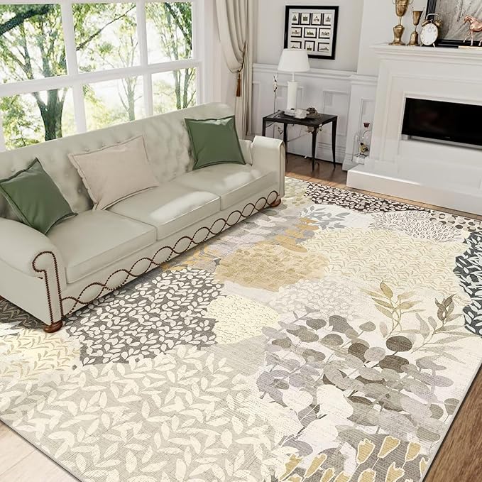 DEXDE 8x10 Area Rug, Soft Washable Abstract Area Rugs Non-Slip Vintage Boho Rug Leaves Floral Print Carpet for Living Room Bedroom Office Dining Room Playroom, Gray