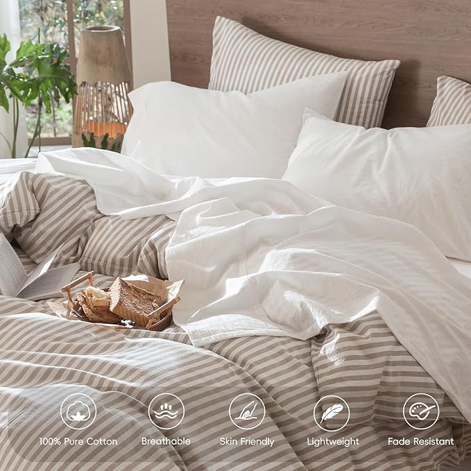 MooMee Bedding Sheet Set 100% Washed Cotton Linen Like Textured Breathable Durable Soft Comfy (Solid Off White, Queen)