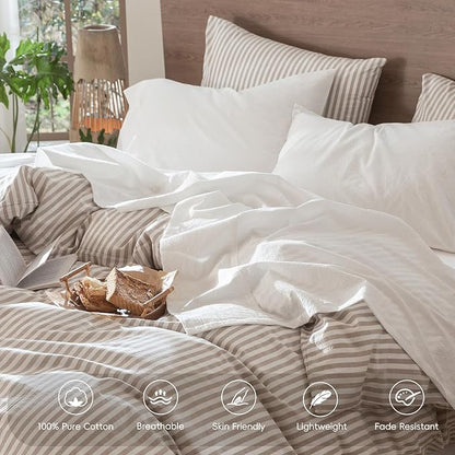 MooMee Bedding Sheet Set 100% Washed Cotton Linen Like Textured Breathable Durable Soft Comfy (Solid Off White, California King)