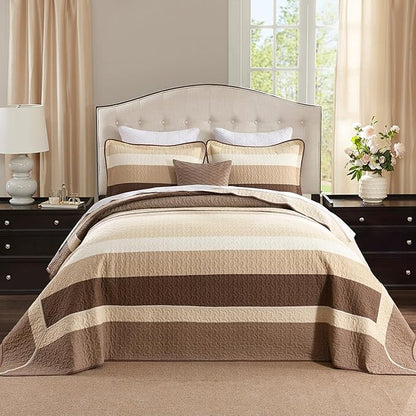 SahSahCasa 120"x120" 100% Cotton Oversized California King Bedspread Coverlet Quilt Set, Cal King Quilted Striped Bedspread Extra Large Quilt, XL Bed Spread Lightweight Comforter, Brown/Beige