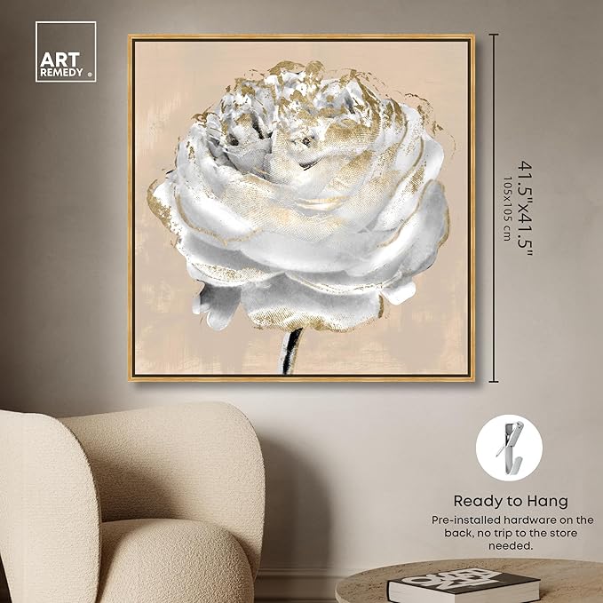 Art Remedy Beige Ranunculus Canvas Elegant White Gold Wall Art, Gold Frame, 40" x 40"