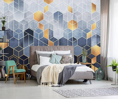 Blue and Gold Geometric Wallpaper Mural for Living Room Bedroom（Not Peel and Stick）