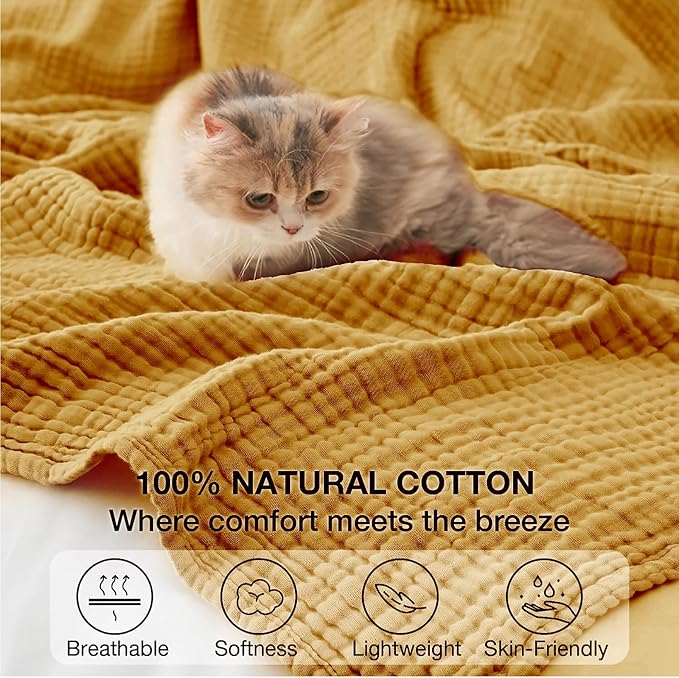 100% Cotton Muslin Blanket 50"x 60", 6 Layers Breathable and Lightweight Cotton Throw Blankets for Couch, Soft Cooling Summer Gauze Blanket for Adults All Season, Mustard
