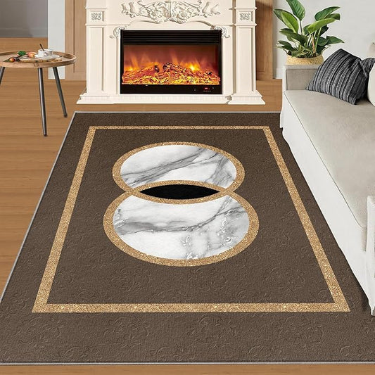 Brown Marble Bedroom Rug Vintage Mid-Century Geometric Rug Marble Pattern Decor Rugs Circle Rectangle Gilded Geometry Floor Mat Elegant Decor for Living Room 4x5ft