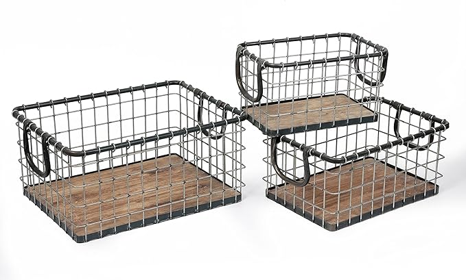 Set of 3 Rectangular Sturdy Hand Welded Farmhouse Metal Wire Basket with Rustic Wooden Bottom For Shelves, Closet Storage Bins for Shelves. Also For Laundry, Towel, Spice Rack, Tool Box (SET OF 3)
