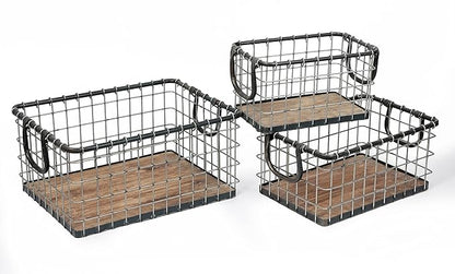 Set of 3 Rectangular Sturdy Hand Welded Farmhouse Metal Wire Basket with Rustic Wooden Bottom For Shelves, Closet Storage Bins for Shelves. Also For Laundry, Towel, Spice Rack, Tool Box (SET OF 3)