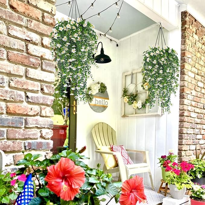 RECUTMS Artificial Flowers for Outdoors Fake Hanging Flowers Plants 4 Pcs UV Resistant Silk Daisy Flower Realistic Faux Trailing Vine for Wall Yard Porch Balcony Indoor Outdoor Planters (White)