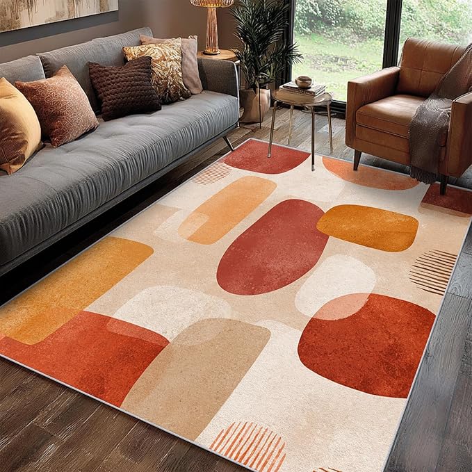 Boho Rug, Large 8x10 Area Rugs Retro Geometric Abstract Simple Pattern for Living Room, Bedroom, Boho Home Decor Accessories Indoor Carpet, Non Slip & Machine Washable