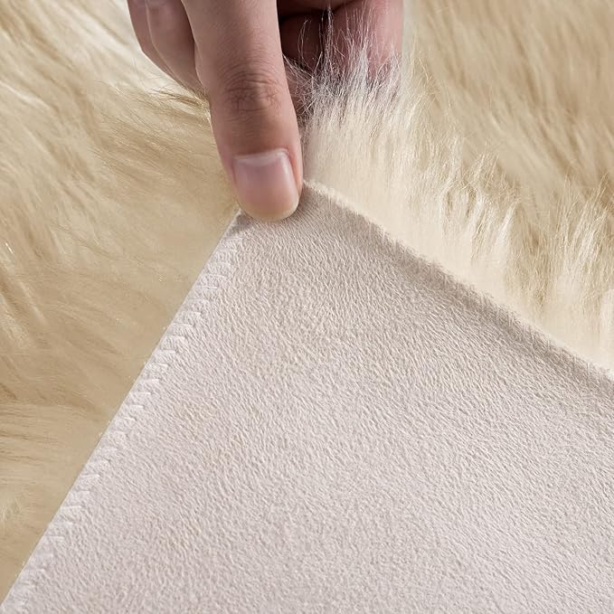 Ciicool Faux Fur Rug for Bedroom, Beige Fluffy Shag Rugs for Sofa Couch Seat Cushion, Washable Fuzzy Runner Thick Fur Area Rug Floor Carpets for Bedside Living Room, 2x6 Ft Rectangle