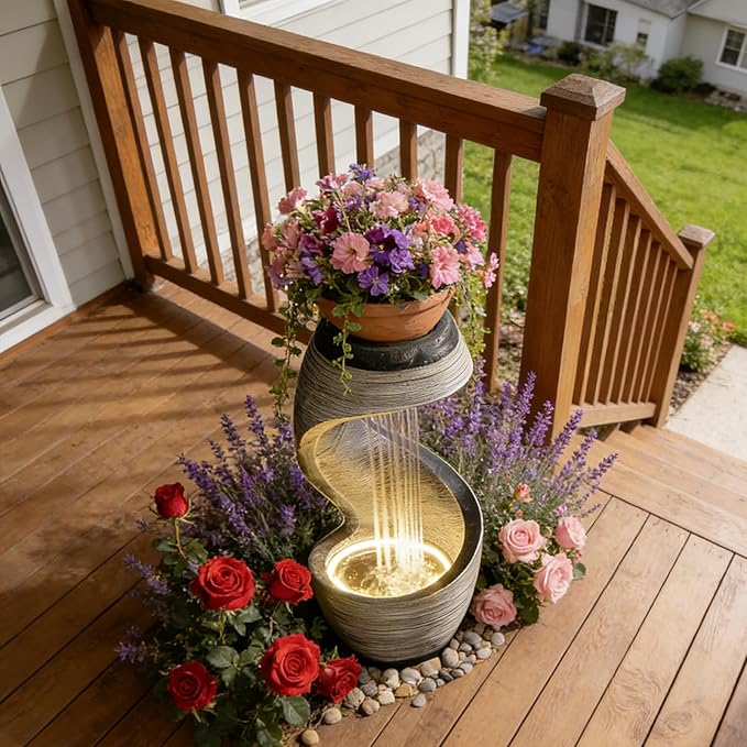 37.9”H Garden Outdoor Water Fountain, Modern Waterfall Fountain Water Feature with Lights for Patio, Backyard & Garden