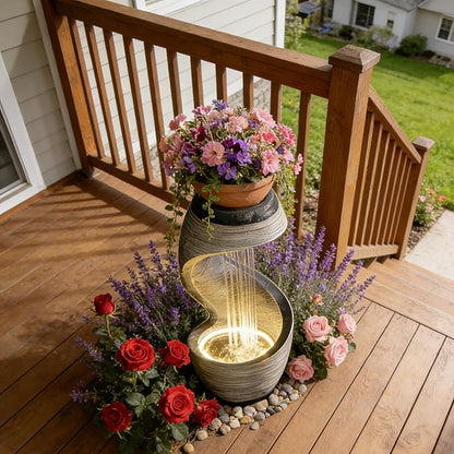 37.9”H Garden Outdoor Water Fountain, Modern Waterfall Fountain Water Feature with Lights for Patio, Backyard & Garden