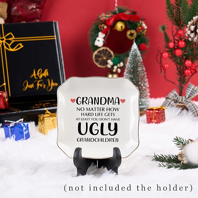 Grandma Gifts Jewelry Dish Ring Tray, Grandmother Birthday Gifts for Grandma Christmas Valentines Mother's Day Gift from Grandkids-No Matter How Hard Life...You Don't Have Ugly Grandchildren