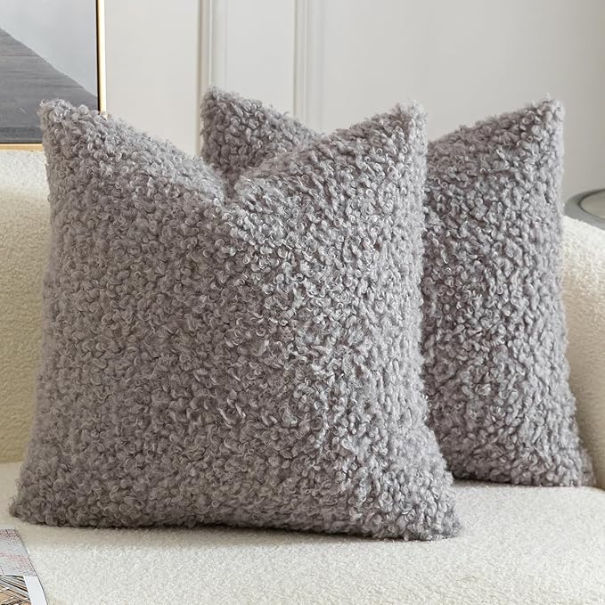Yaertun Pack of 2 Faux Fur Throw Pillow Covers Decorative Sherpa Boucle Pillow Covers Fuzzy Soft Pillowcases Sheepskin Fleece Cushion Case for Couch Sofa Bed Living Room 24x24 Inch Light Grey