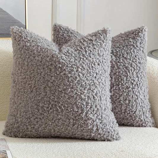 Yaertun Pack of 2 Faux Fur Throw Pillow Covers Decorative Sherpa Boucle Pillow Covers Fuzzy Soft Pillowcases Sheepskin Fleece Cushion Case for Couch Sofa Bed Living Room 24x24 Inch Light Grey
