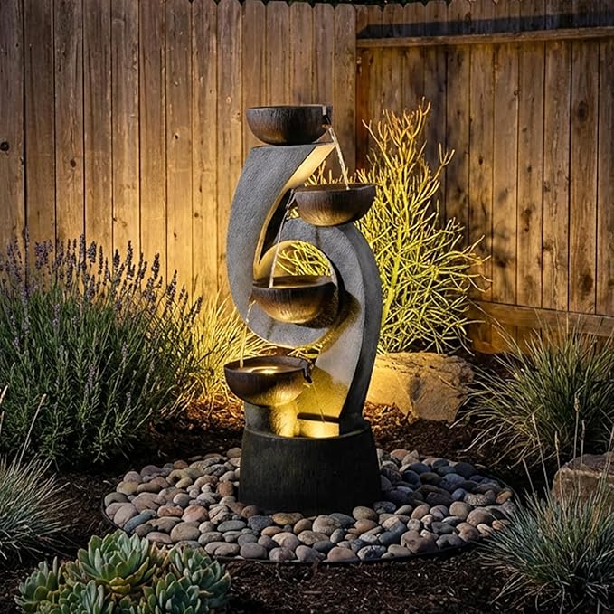 46.8”H Outdoor Water Fountain with Lights, Multi-Tier Bowl Cascading Water Feature, Tall Stacked Bowl Waterfall Freestanding Resin Garden Fountain for Patio Yard Balcony Porch