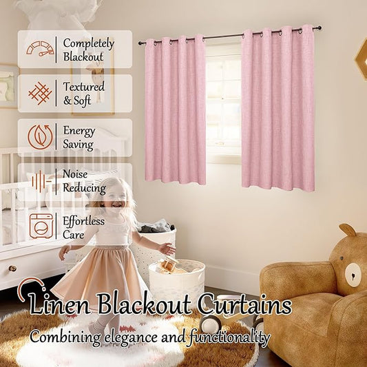 Baby Pink Linen Blackout Curtains for Nursery 45 Inch Length 2 Panels Set, Thermal Insulated Boho Total Black Out Noise Reducing Bonzer Grommets Window Curtains for Girls Bedroom, Each 52 Inch Wide