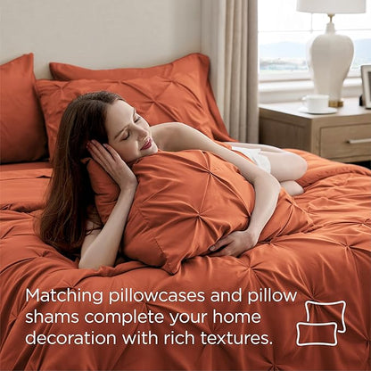 Bedsure King Size Comforter Set Burnt Orange - Bed in a Bag Bedding Set 7 Pieces, GentleSoft™ Pintuck Bed Set Gift for Family, Pinch Pleat Burnt Orange Comforter with Sheets, Pillowcases & Shams