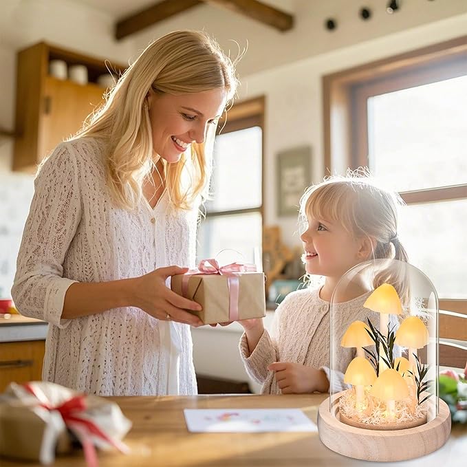 QUELIEN Christmas Mushroom Lamp in Glass Dome,Mushroom Gifts for Women - Warm White LED Night Light for Bedroom Decor,Unique Gifts for Women, Housewarming Birthday Decorations
