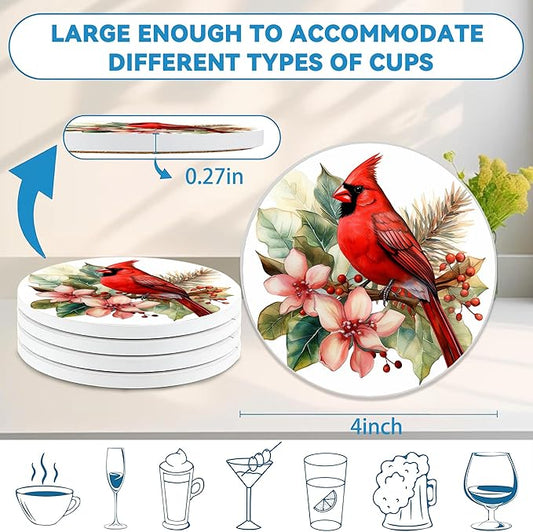 Cardinal Coasters Set of 4, Absorbent Ceramic Stone Coasters with Cork Base, Winter Christmas Home Decor, Ideal Gifts