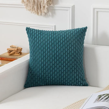 Kevin Textile Throw Pillow Covers Soft Corduroy Decorative Set of 2 Boho Striped Pillow Covers Pillowcases Farmhouse Home Decor for Couch Bed Sofa Living Room 16x16 Inch Teal Blue