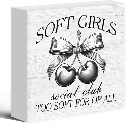 Coquette Cherry Bow Girl Wood Box Sign Desk Decor, Cute Trendy Pink Decor, Coquette Party Wooden Block Sign Decorations for Home College Dorm Apartment Girl Room Wall Tabletop Shelf Decor