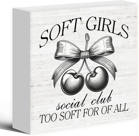 Coquette Cherry Bow Girl Wood Box Sign Desk Decor, Cute Trendy Pink Decor, Coquette Party Wooden Block Sign Decorations for Home College Dorm Apartment Girl Room Wall Tabletop Shelf Decor