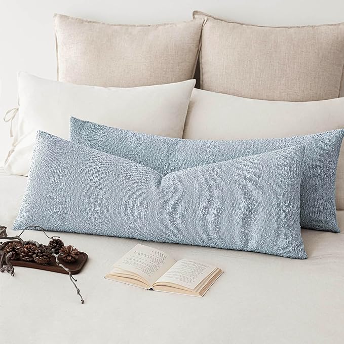 Foindtower Decorative Textured Boucle Throw Pillow Covers Accent Solid Pillow Cases Neutral Long Body Lumbar Couch Cushion Case for Chair Sofa Bedroom Living Room Home Decor 14x36 Inch,1PC,Light Blue