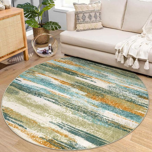 Modern Abstract Round Rug 6Ft, Green Mustard Multi Washable Non-Slip Circle Rug, Soft Circular Dining Room Rug Thin Print Faux Wool Carpet for Bedroom Living Room Office Playroom