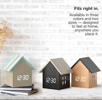 Driini Digital House-Shaped Alarm Clock with Temperature Display (Light Wood) – Modern Aesthetic - Cute Cube Frame and White LED Dimmer - Perfect Large Desk Clock for Bedside Table or Bedroom Mantle