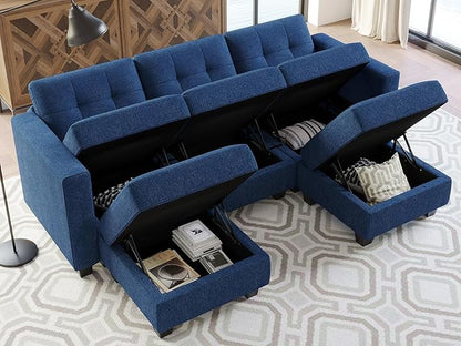 Belffin Modular Sectional Sofa Couch with Double Chaises U Shaped Sectional Sofa Modular with Storage Seat Modular Couch with Reversible Ottomans Blue