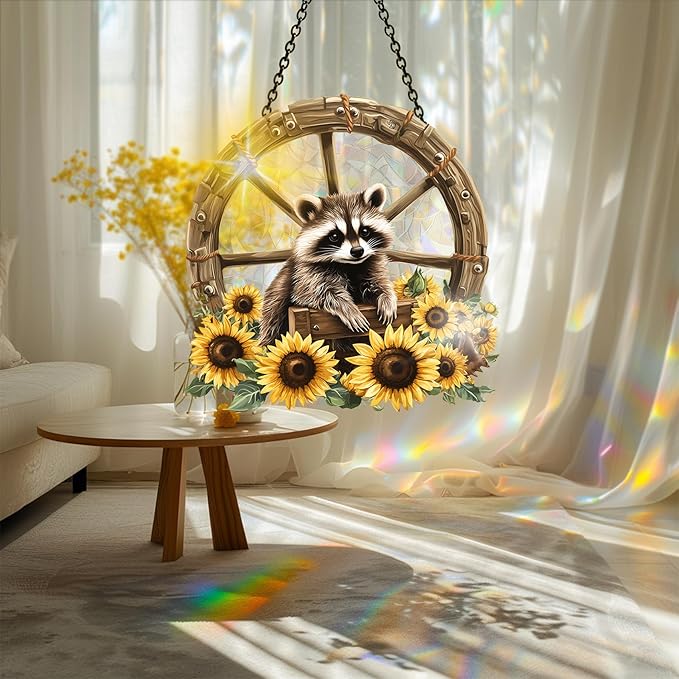 Bimkole Raccoon Sun Catchers Indoor Window - Sunflowers Acrylic Suncatcher Hanging Decoration for Living Room Bedroom Summer Home Balcony Outdoor Garden Ornaments Decoration 7.8x7.8 Inch