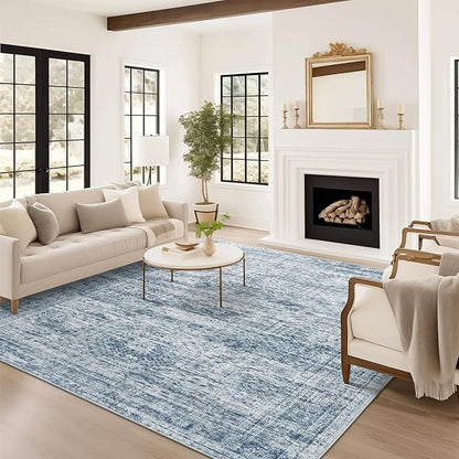 9x12 Area Rugs for Living Room, Non Slip Machine Washable Vintage Rugs, Low Pile Lightweight Large Rug for Bedroom, Dining Room, Home Office Blue